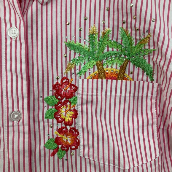 Quacker Factory Top sz 1X Pink White Striped Embroidered Short Sleeve Button Up - Picture 3 of 9